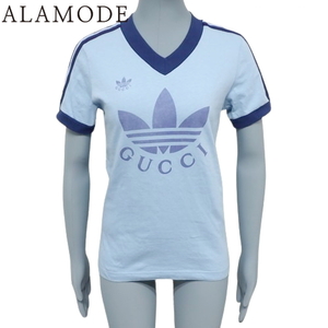 グッチ アディダス コラボ Tシャツ トップス 半袖 GUCCI×adidas XS コットン ライトブルー水色 青 693636 40802109947【アラモード】