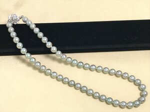 ◆本真珠 パール ネックレス ラウンド 長さ約42.5cm 珠約7.4mm～7.8mm ブルー系 シルバー系 留め具 SILVER シルバー刻印