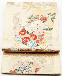 留袖用 袋帯 正絹 ベージュ 金箔 花扇子 牡丹 松竹梅 菊 Mサイズ F5859 中古美品 ギフト シルク オールシーズン 送料無料