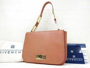 ◆美品◆GIVENCHY ジバンシィ◆オースト リザード 型押し◆レザー 本革◆ハンド バッグ◆サーモンピンク ゴールド金具◆腕かけ◆A7213