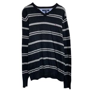 TOMMY HILFIGER コットンニット セーター M ブラック ボーダー トミーフィルフィガー Vネック 古着卸 アメリカ仕入 a611-7457