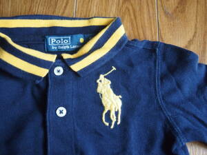 i248 【USED】POLOラルフローレン Ralph Lauren 80cm 長袖ポロシャツ キッズ KIDS ネイビー イエロー 紺 黄色 ビッグロゴ 長袖シャツ ポロ