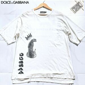 美品/Lサイズ●ドルチェ&ガッバーナ 半袖Tシャツ オーバーサイズ DOLCE&GABBANA クラウン 王冠 D&Gロゴ タイガー 豹 ヒョウ 白 ホワイト