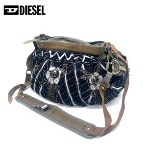 DIESEL/ディーゼル ショルダーバッグ スパンコール ラメ 花柄 ビーズ装飾 カーキー×ブラック 鞄