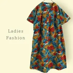 【Ladies Fashion】和柄ワンピース　M  コットン　トロピカル　春夏