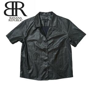 BANANA REPUBLIC ブラック グリーン フェイクレザー オープン 半袖シャツ ジャケット バナナリパブリック