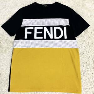 極美品 フェンディ【人気モデル】FENDI 半袖 tシャツ カットソー トップス デカロゴ ライン バイカラー メンズ サイズMグラフィック