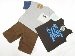 キッズ 美品 EAST BLUE等 カットソー+Tシャツ+ハーフパンツ コーデ3点セット 110相当 茶系地 英字/グレー杢/茶 カジュアル 【メール便可】