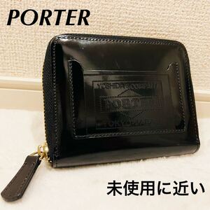 【数回使用程度】PORTER ポーター 二つ折り財布 ガラスレザー ラウンドファスナー ブラック 黒 381-02960 新品に近い GLASS LEATHER WALLET