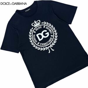 極美品/L相当●ドルチェ＆ガッバーナ 近年モデル エンブレム DGロゴ 半袖 クルーネック Tシャツ ネイビー イタリア製 春夏 DOLCE&GABBANA