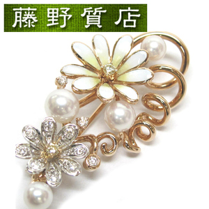 （美品）ミキモト MIKIMOTO パールダイヤフラワーブローチ K18ピンクG×K18W G×ダイヤモンド(約0.26ct)×七宝　8709