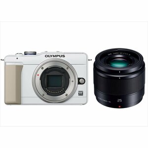 オリンパス OLYMPUS E-PL1s ホワイトボディ パナソニック 25mm 1.7 黒 単焦点 レンズセット ミラーレス一眼 中古 カメラ