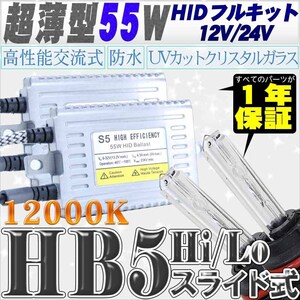 高性能 薄型HIDキット 55W HB5 Hi/Lo スライド式 リレー付 12000K 12V/24V 【交流式バラスト＆クリスタルガラスバーナー】