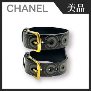 【美品】CHANEL シャネル COCO 01A ココマーク バングル レザー 黒