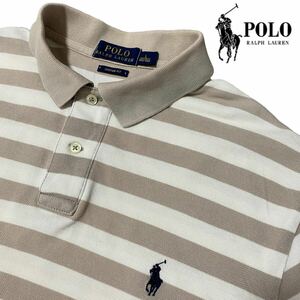 XL相当◆希少カラー【POLO RALPH LAUREN】グレージュ×オフホワイト ボーダー柄 半袖ポロシャツ 極上綿100% ラルフローレン ロゴ刺繍 