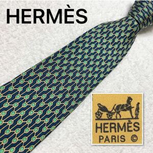 ■美品■HERMES エルメス　ネクタイ　サークル　金具　総柄　シルク100% フランス製　グリーン　ビジネス