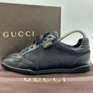 1円 【未使用保管品】 GUCCI グッチ 【王者の貫禄】 スニーカー シューズ 靴 ホースビット 総柄 キャンバス レザー ブラック 37 24cm相当