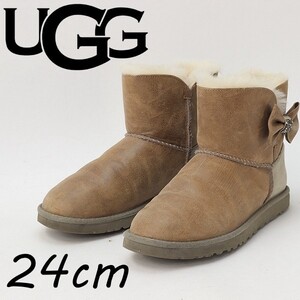 ◆UGG アグ 1004948 MINI BAILEY BOW CRYSTAL ミニ ベイリー ボウ クリスタル リボン レザー シープスキン ムートン ブーツ 24cm