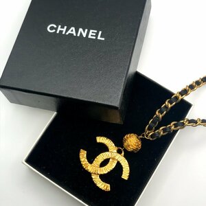 CHANEL シャネル ココマーク ボール チェーン GP 革 ネックレス ゴールド 良品 k558