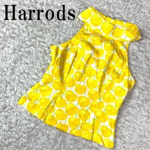 Harrods ハロッズ ノースリーブシャツ 総柄 イエロー バックボタン 袖なし 黄色 コットン 2 B2395