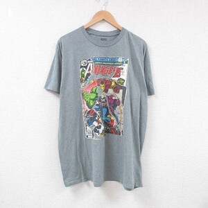 XL/古着 半袖 Tシャツ メンズ マーベル アベンジャーズ アイアンマン ハルク クルーネック 薄グレー 霜降り 23jul27 中古