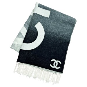 ☆☆ CHANEL シャネル 大判ストール ブラック×ホワイト ココマーク ロゴ柄 カシミヤ53％ ウール47% やや傷や汚れあり