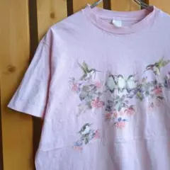 80s90s ヴィンテージ シングルステッチ 花 鳥 Tシャツ かわいい ピンク