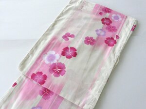 女性用ゆかた 浴衣 単品 仕立上り Ｆサイズ 綿 アイボリー ピンク 花柄 縦縞 672