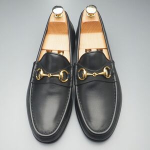 GQ9256//ヴィンテージ*グッチ/GUCCI/オールドグッチ*メンズ40D/ビットローファー/レザースリッポン/モカシンシューズ/革靴/黒/ブラック