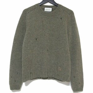 美品 20AW GUCCI グッチ スクエアG ワンポイント ダメージ加工 クルーネック 長袖 ニット セーター XS 170/88A グリーン系