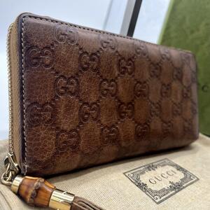 極美品/入手困難●GUCCI グッチ メンズ 長財布 ラウンドファスナー バンブーチャーム シマ GG柄 レオパード レザー 本革 ブラウン 