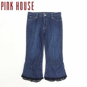 ◆PINK HOUSE ピンクハウス ストレッチ ワンポイント刺繍 レース フリル リボン クロップド デニム パンツ ジーンズ インディゴブルー S