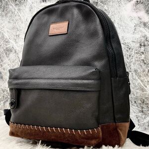 1円【極美品 入手困難品】コーチ COACH リュック バックパック メンズ ビジネス 2室 本革 切替 大容量 バッグ ショルダー ロゴ 黒×茶 A4