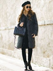 Glam Lips グラムリップス　No-collar Long Stripe Design Fur Coatノーカラーロングストライプデザインファーコート　FREE チャコール