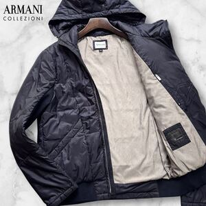 極美品/XL相当◎アルマーニ コレツィオーニ 中綿 ダウンジャケット ARMANI COLLEZIONI 2way フード ブルゾン 撥水加工 光沢感◎ネイビー 50