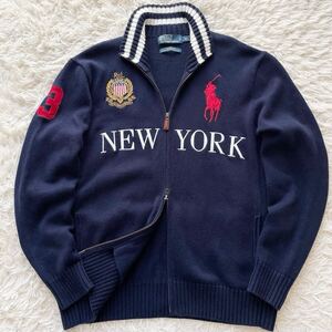 美品 XLサイズ Ralph Lauren ドライバーズニット ポニー 刺繍 ダブルジップ ベンチレーション ネイビー ラルフローレン メンズ セーター