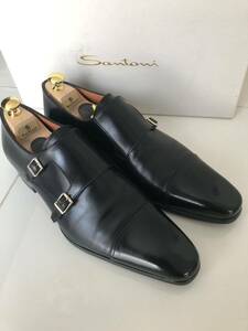 元値約13万　Santoni サントーニ ダブルモンクストラップ ストレートチップ ドレスシューズ 7(25.5cm) ブラック ビジネスシューズ 革靴