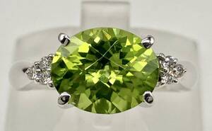 鑑別書付き K18WG 750 金 天然 ペリドット peridot 2.43ct ダイヤモンド 0.06ct #10.5 4.3g 指輪 リング