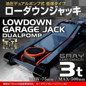 【3トン/グレー】低床フロアジャッキ 3t スチール製 油圧式 ガレージジャッキ ローダウン車対応 75mm ⇔ 500mm デュアルポンプ 灰