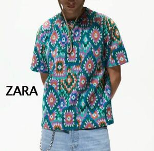 ZARA トップス　メンズ　半袖　半袖ニット　花柄　総柄　シャツ　半袖ポロシャツ ポロシャツ