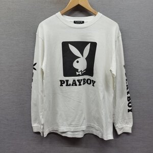 B286 PLAYBOY プレイボーイ ロンT カットソー 長袖 両面 袖 アーム プリント ロゴ クルーネック メンズ ホワイト メンズ L 古着