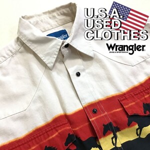 ★本場アメリカ直輸入!!★1点物★[Wrangler ラングラー]馬 シルエット 長袖 ウエスタンシャツ[メンズ L]白 赤 黒 カウボーイ ロデオ K2-383