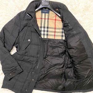 バーバリーロンドン【英国紳士の風格】BURBERRY ダウンジャケット メガチェック グレー フード収納 ２way ウール Mサイズ レザー ロゴ刻印