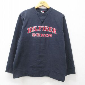 L/古着 トミーヒルフィガー トミージーンズ 長袖 ブランド スウェット メンズ 90s ビッグロゴ 刺繍 クルーネック 紺 ネイビー 24aug24 中古