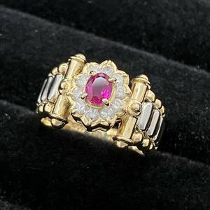 鑑別カード付き 新品仕上済み コンビ 天然 ルビー 0.37ct ダイヤ 0.31ct デザイン リング Pt900 K18 11号 4.8g プラチナ 金 ゴールド 指輪