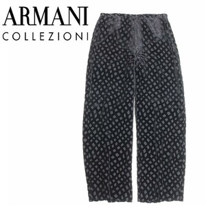 ◆ARMANI COLLEZIONI アルマーニ コレッツォーニ シルク混 ベロア×シアー フロッキー加工 総柄 パンツ 黒 ブラック 44