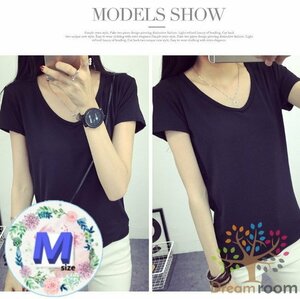 simple Vネック Tシャツ Mサイズ 美ライン 半袖 レディース オフィス カジュアル 無地 綺麗め K-084-2ブラック