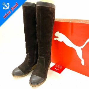 ◆プーマ PUMA◆ウェッジソール サイドジップ 356814 02 ロングブーツ サイズ39 25.0cm ヒール7.0cm 茶色 スエード レディース シューズ