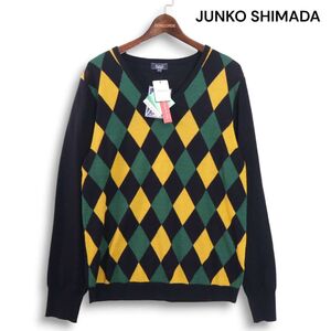 【新品 未使用】 PART2 BY JUNKO SHIMADA ジュンコシマダ 秋冬 ウール Vネック ダイヤ柄 ニット セーター Sz.3L レディース　K4T02117_B#K