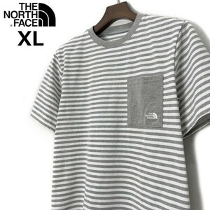 1円～!売切!【正規新品】THE NORTH FACE S/S REGRIND POCKET TEE 半袖 Tシャツ US限定 ロゴ刺繍 男女兼用(XL)グレー ボーダー柄 180902-18